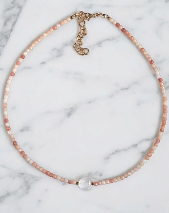 Choker z serduszkiem: awenturyn łososiowy i kryształ górski, kaktusia