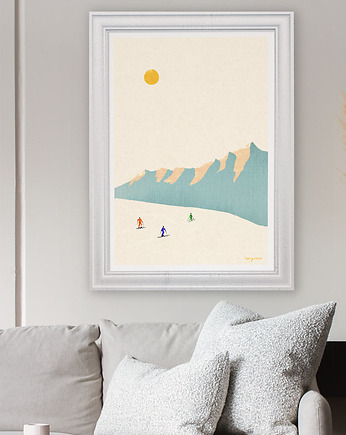 Plakat Narciarze na stoku - panorama z górskimi szczytami, minimalmill