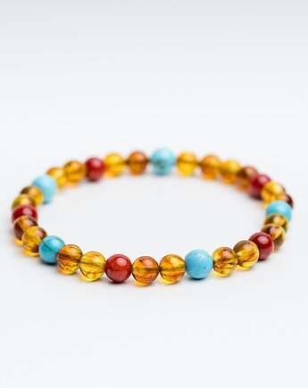 Bransoletka z bursztynu, turkusu, koral, AmberMal
