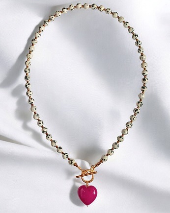 Jaspis dalmatyński i serce : fuksja : naszyjnik, kaktusia