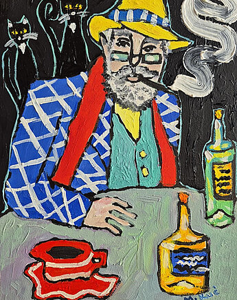 Obraz do salonu portret dziadka czarne koty wiedzą więcej, alice oil on canvas