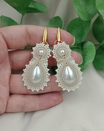Perłowe kolczyki ivory, śmietankowe perły, kolczyki soutache, kolczyki perły, Soutacheria
