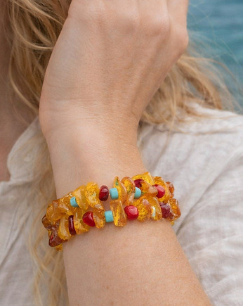 Bransoletka z bursztynu bałtyckiego owijana typu wrap - turkus - koral, AmberMal