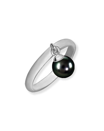Pierścionek srebrny z wiszącą czarną perłą, OKAZJE - Prezent na 18 urodziny