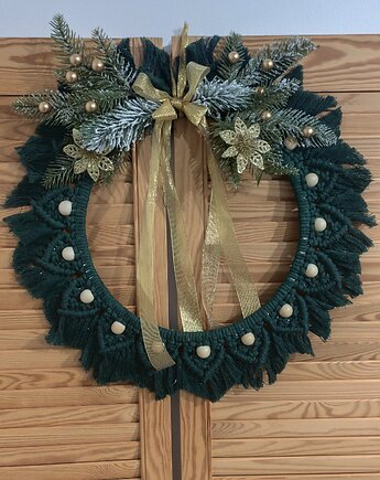 Świąteczny wianek z makramy dekoracja na ścianę na kominek prezent, miaukramy