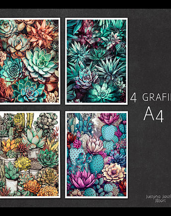 Zestaw 4 grafik A4 - Kaktusy i sukulenty, JBJart Justyna Jaszke
