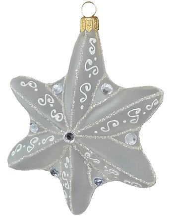 Ręcznie malowana bombka szklana biała gwiazda z wzorkami, STARGLASS