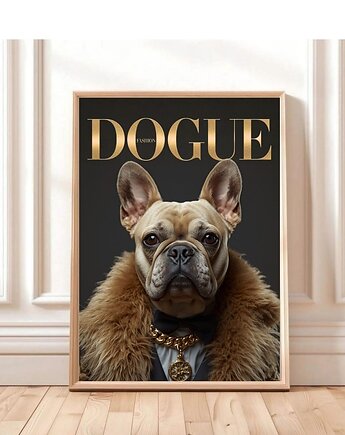 PLAKAT DOGUE bulldog,  portret psa, okładka magazynu modowego, mops, black dot studio