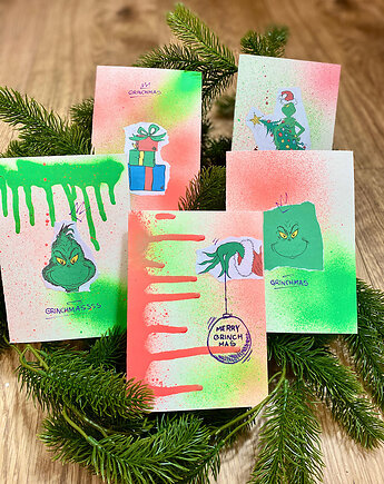 GRINCHowe, kolażowe kartki świąteczne - zestaw 5 szt, SewNSpray