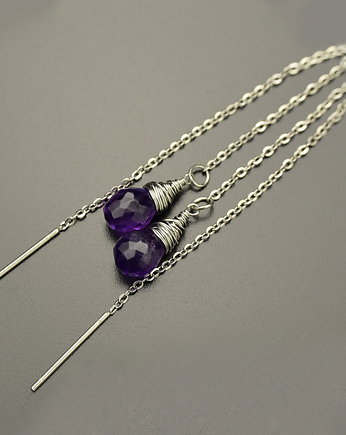 Kolczyki krople ametyst długie przewlekane wire wrapping, Agata Rozanska