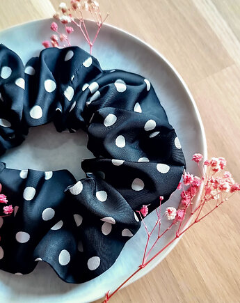 Scrunchie gumka do włosów jedwabna Dottie black czarna groszki kropki S,M,L, Milavia Studio