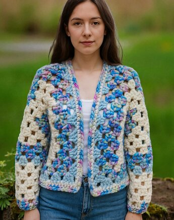Sweter kardigan na szydełku "Boski Błękit", Ciotka Matylda
