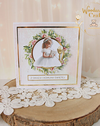 Kartka komunijna do koperty, Pamiątka Komunii, prezent "RoseWine4" GOTOWA, Lulaczkowo