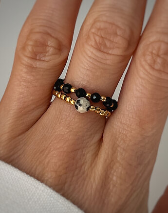 Pierścionek Pierścionki elastyczne czarny turmalin, jaspis dalmatyński, Bring Biżuteria