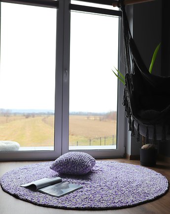 Dywan okrągły duży 175Ø  włóczka  szydełkowy mocny soft biało fioletowy, naszwie studio