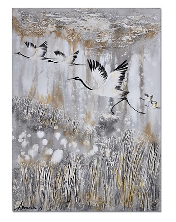 Żurawie 23 ptaki obraz do salonu malowany na płótnie, Galeriai