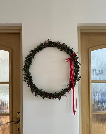 Duży wianek na obręczy eukaliptus + len, Łąka