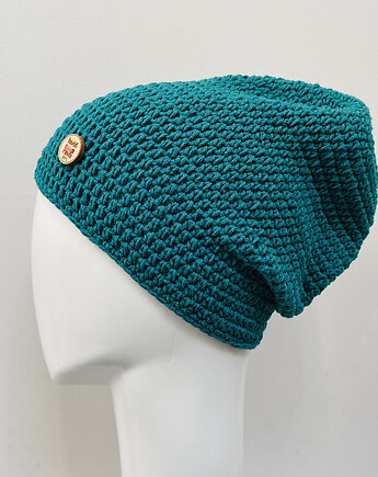 Czapka przejściowa cienka beanie smerf bawełna szmaragd, splotomaniaa