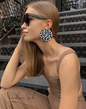 Duze kolczyki  kola BIG SUN  skóra naturalna czarne beżowe panterka, Malena Dul