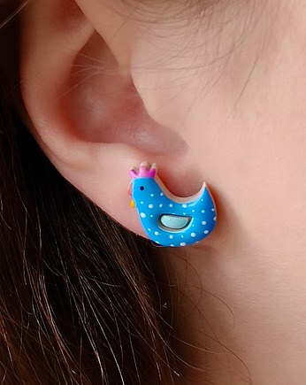 Kolczyki sztyfty kurki ptaszki, kolorowe niebieskie, rustykalne, wiejskie, Dary Rusałki