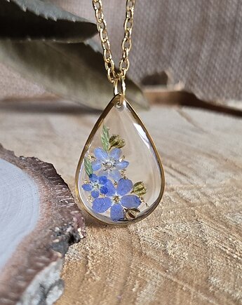 Złoty wisiorek prawdziwe kwiaty zawieszka łezka łza niezapominajki, zkwiatem