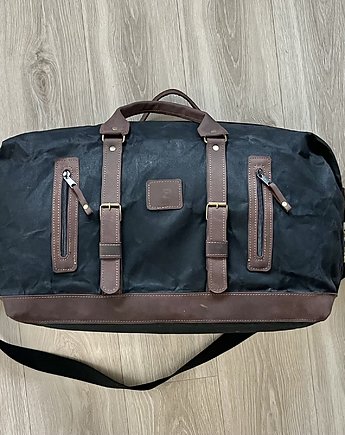 Duża czarno-brązowa torba podróżna ze skóry i bawełny w stylu Vintage., Rkabags