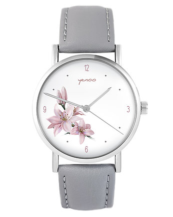 Zegarek - Różowa lilia - szary, skórzany, yenoo