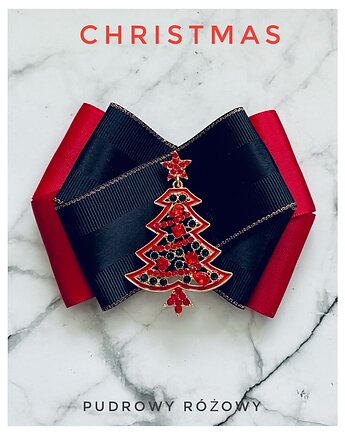 Brosza z  Czerwoną Choinką  z kryształków Mikołajki Święta, Pudrowy Różowy