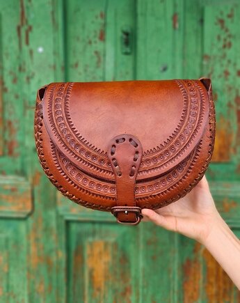 Skórzana torebka góralska ręcznie robiona Nicte wzory zakopane, SempreArte