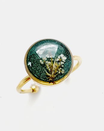 Pierścionek regulowany z dziką marchwią, Jaskółcze ziele handmade 