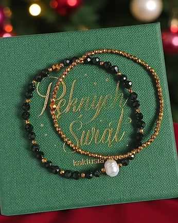 Świąteczny zestaw bransoletek : ciemna zieleń, złoto, perła : szmaragd nilu, kaktusia