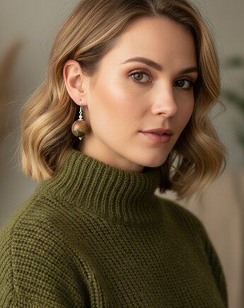 Piękne, zielone kolczyki z dużym jaspisem 15mm, srebro 925, Yamira Art Studio