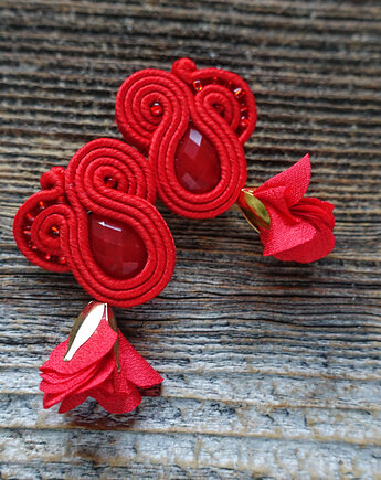 Czerwone  kolczyki soutache z kwiatami, Mró Soutache