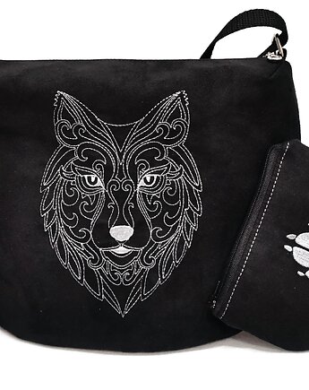 Czarna listonoszka z wilkiem,  torebka z wilkiem , portfelik łapa, Made by Joan