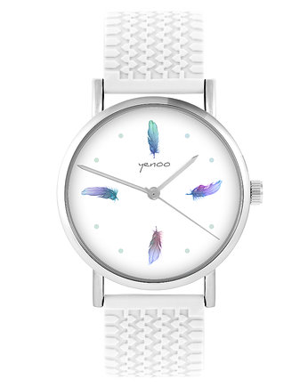 Zegarek - Turkusowe piórka - silikonowy, biały, yenoo
