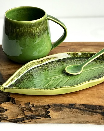 Zielony kubek ceramiczny  z talerzykiem  LIŚĆ, Ceramika Tyka