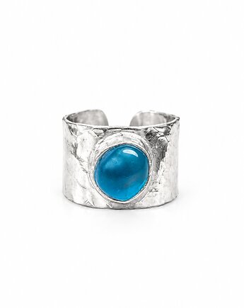 1,4cm Obrączka młotkowana ręcznie robiona ze szkłem morskim, bluewavestudio