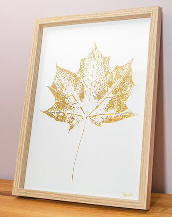 Obraz w ramie. Botaniczny plakat. Grafika handmade. Złoty Liść KLON ramka A4, Kuźnia Obrazów