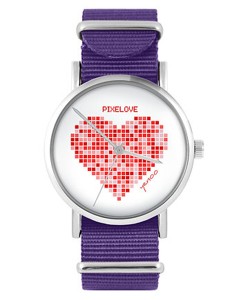 Zegarek - Serce pixelove - fiolet, nylonowy, yenoo
