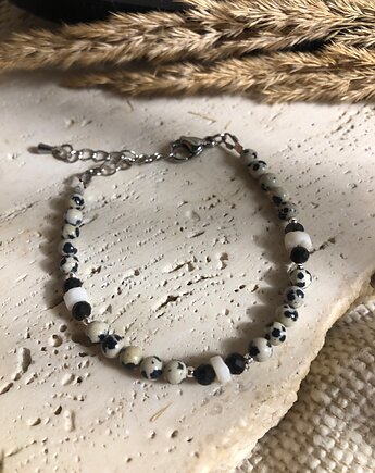 Bransoletka jaspis dalmatyński i obsydian srebrzysty, hematiti