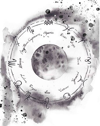 Księżyc w Pełni i Znaki Zodiaku  akwarela wydruk artystyczny, My Moment