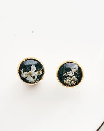 Kolczyki sztyfty z dziką marchwią butelkowa zieleń, Jaskółcze ziele handmade 