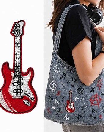 Naszywka naprasowanka GITARA ELEKTRYCZNA CZERWONA termo haft 4x9,6cm, Wyszywane