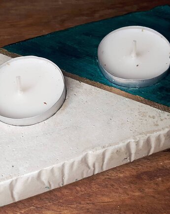 Betonowy świecznik na tealighty, biel-złoto-butelkowa zieleń, handmade 1 szt, QUKI