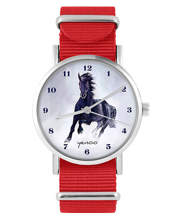 Zegarek - Czarny koń, cyfry - czerwony, nato, yenoo