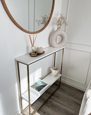Daryl gold- Złota wąska konsola, komoda z szufladami, toaletka, pokój, salon, Papierówka Simple form of furniture