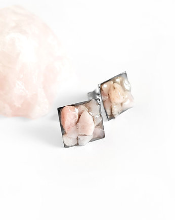 Kwadraty różowy opal kolczyki sztyfty, Magneska