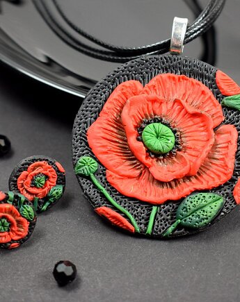 Komplet biżuterii "czerwone maki" naszyjnik i kolczyki sztyfty, Pracownia Kameleon