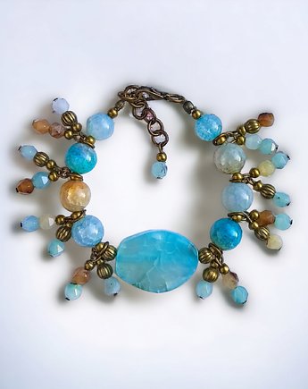 UNIKATOWA bransoletka : okazała : agat aqua : stare złoto, kaktusia