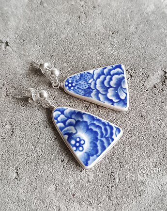 Kolczyki ceramiczne w kobaltowe kwiaty, biżuteria z talerzy
